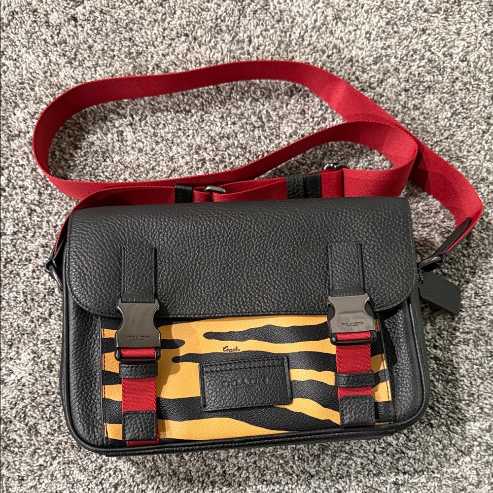 Coach Black and Yellow Patterned Messenger Bag with Red Strap